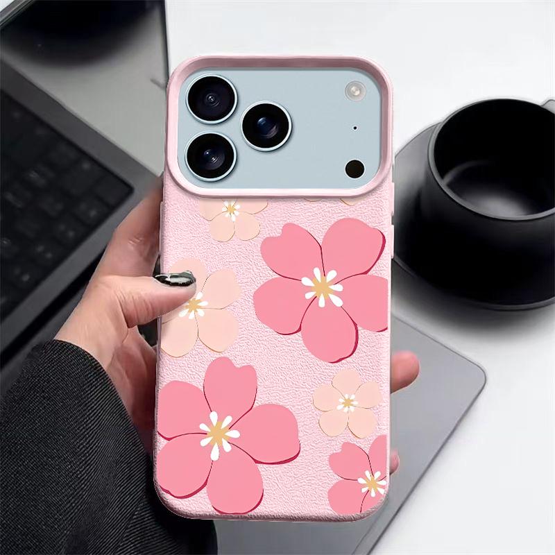 Fresh Style Cherry Blossom Pattern Case For iPhone 17 Pro Max Leather Texture Soft Silicone Cover For iPhone 16 15 14 13 Pro 12 11 16E Air