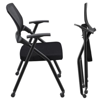 Foldable Conference Room Chair Office Chairs with PU Wheel Armrest Ergonomic Mesh Back Stackable Guest Chair & Reception Meeting (Black)