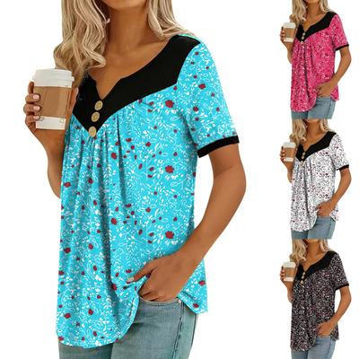 Women's Fashionable Design Small Floral Patchwork Button Casual Short-sleeved Top