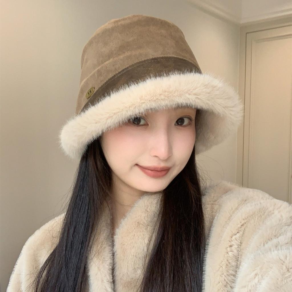 Autumn and winter suede plush warm face small bucket hat woman