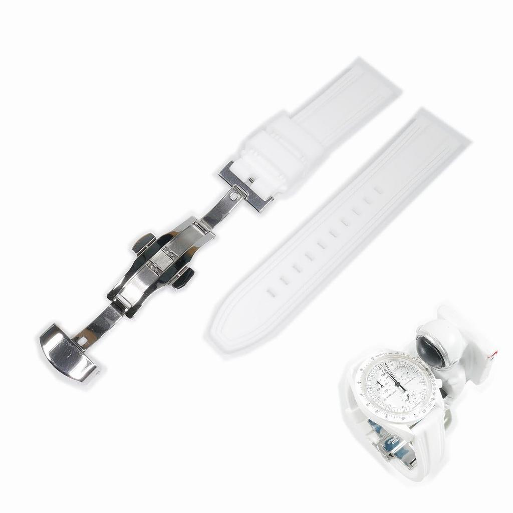 Swatch X Omega Compatible Rubber Strap with Type D-buckle, Double-line (white/white Line)