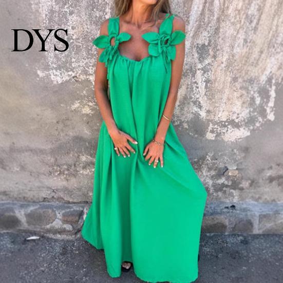 Three-dimensional Flower Design Dress Women 3D Rose Decor Shoulder Strap Sleeveless Pleated Slip Summer Long Loose Solid Color Backless Maxi for Beach
