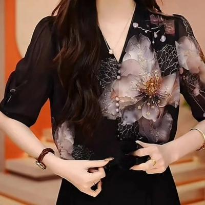 Chiffonbluse Damen Sommer Halbarm Dünnes Hemd Damen Französisch Allround Dünn und Schön Westernstil Bluse Damen