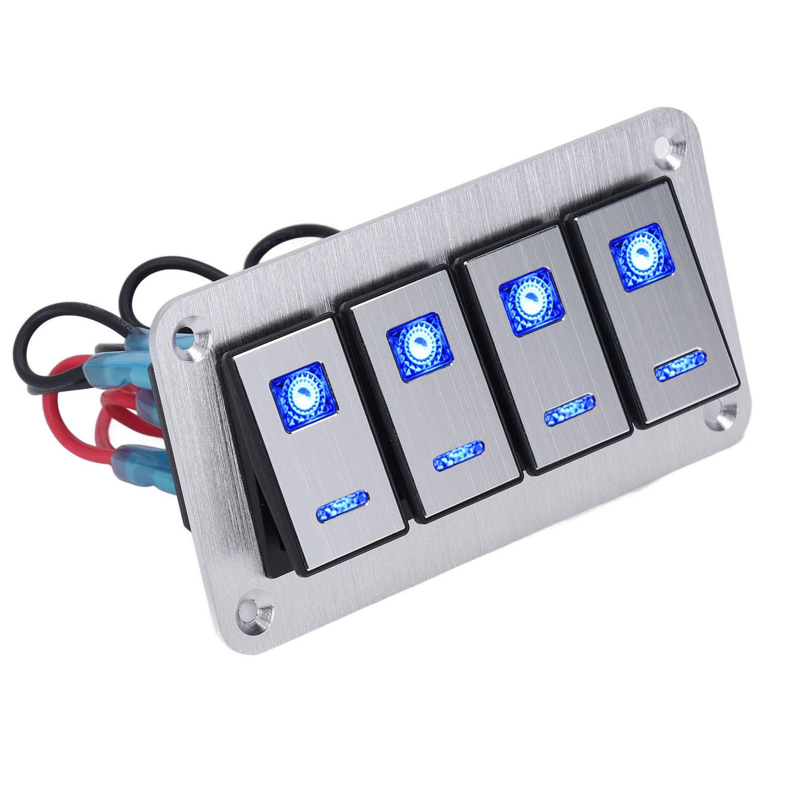 

4 Gang Rocker Switch Panel 5Pin ON OFF SPST Blue Backlight Pre Wired Aluminum Alloy for Cars RVs Buses Trailers UTV