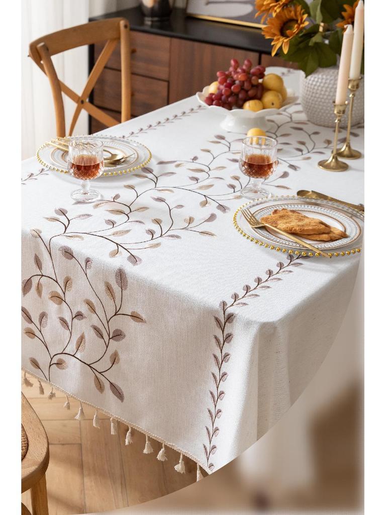 Jiexin European Style Embroidered Tablecloth - Coffee Leaves Design for Home Decor