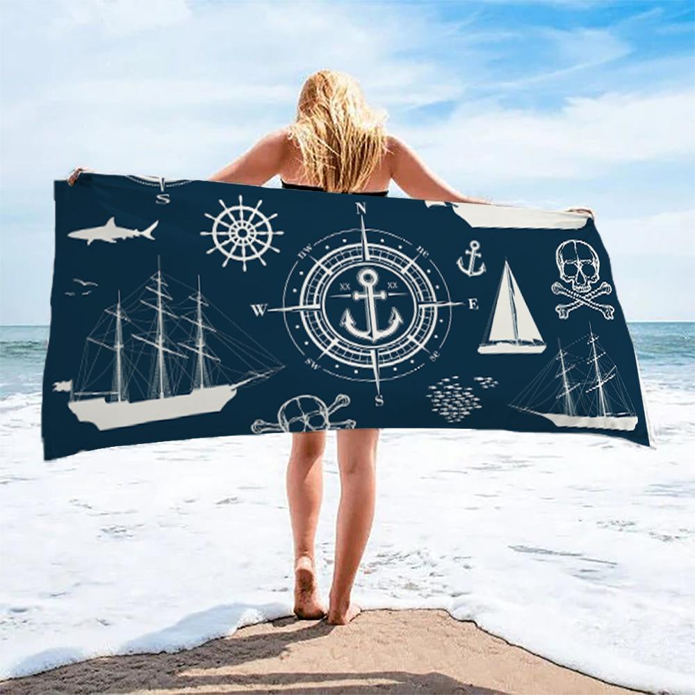 Gestreiftes Anker Strandtuch 3D-Bedrucktes Leichtes Mikrofaser-Strandtuch Wasserabsorbierendes Schnelltrocknendes Badetuch