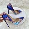 Chaussures à Talon Haut pour Femme Fête PU Nouveau Motif Serpent Bleu Mode Socialite 12CM Bout Pointu Talon Fin Ouverture Peu Profonde Chaussure Simple Chaussure Femme