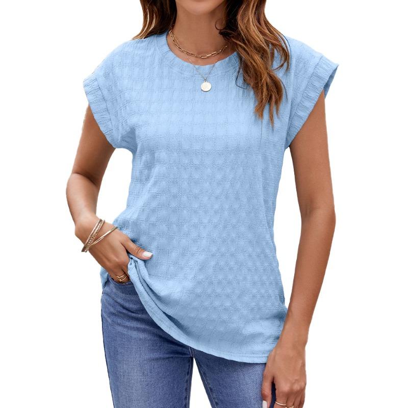 Spring Summer Solid Color Jacquard Solid Color Round Neck Short Sleeved T-shirt Top for Women Shirt