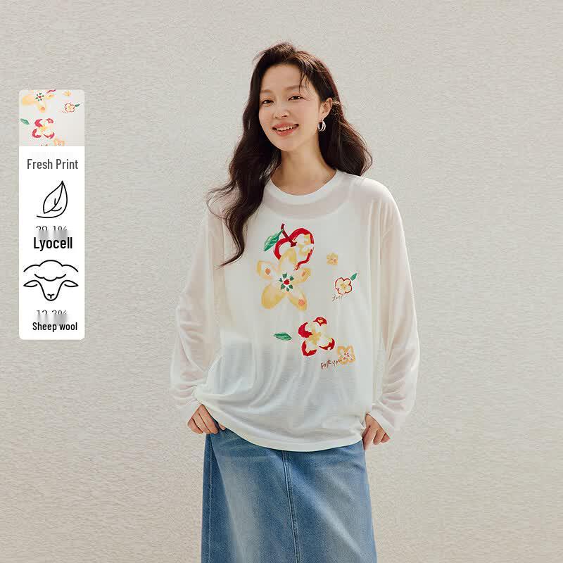 INMAN Women s Lyocell Wool Graffiti Print Long-Sleeve T-Shirt грязно-белый