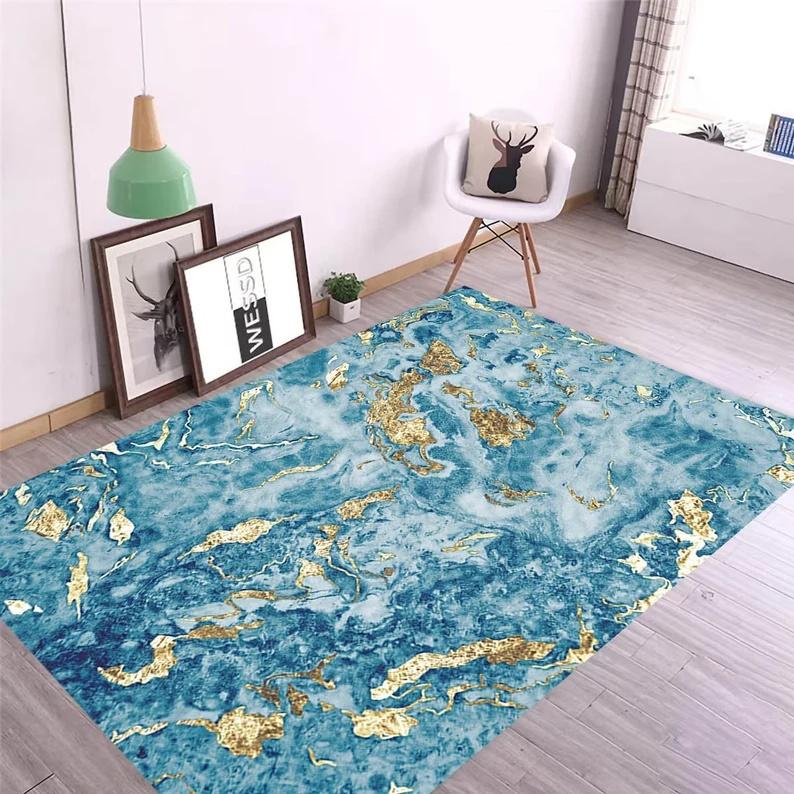 

Luxury Blue Gold Marble Area Rug Abstract Fluid Ink Art Floor Mat Non-Slip Carpet for Living Room Bedroom Modern Home Decor 40X60CM