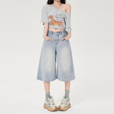 High Waist Wide Leg Seven-Foot American Style Jeans Women Summer Loose Straight Cut Denim Pants Button Decoration