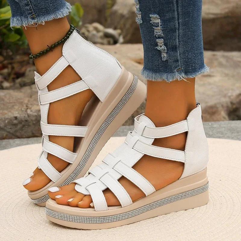 Fashion Rimocy 2025 Summer Fashion Shoes Solid Color Women Multi Strap Combination Thick Bottom Zipper Water Diamond Design Cool Slipper