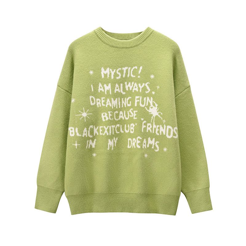 

Black of Exit American Slogan Jacquard Loose Sweater Thick Unisex Lazy Style National Trend Color-Blocking Knitwear Green XL