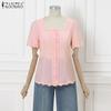 ZANZEA Women Lace Splice Square Neck Short Sleeve Casual Translucent Blouse