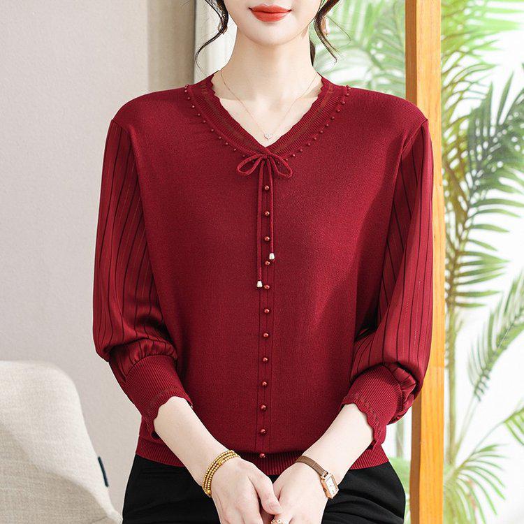 Fashion Casual V-Neck Lace-Up Knitwear Pullover for Women: Long-Sleeved Mother's Day Top