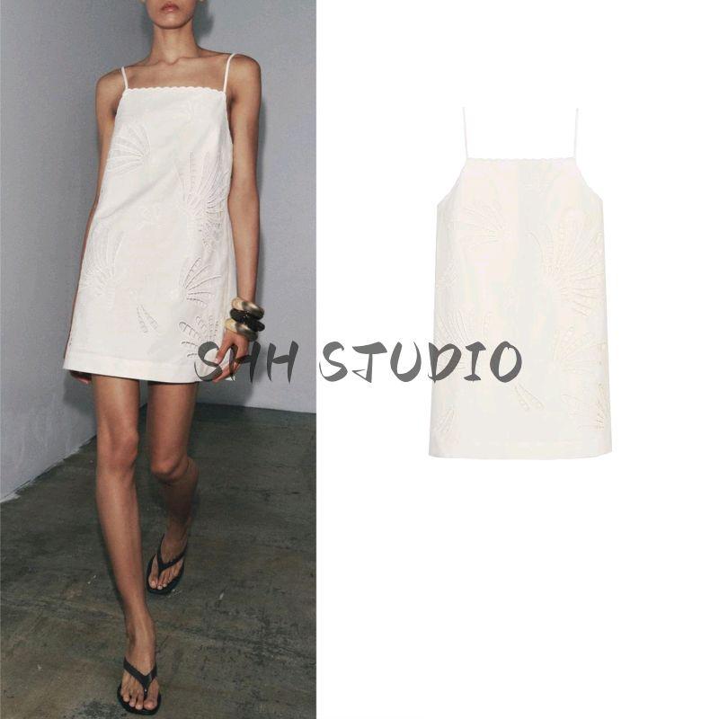 Summer Women's Straight Collar A- line Hem Linen Blend Cut Out Embroider Decorative Short Dress 2731066