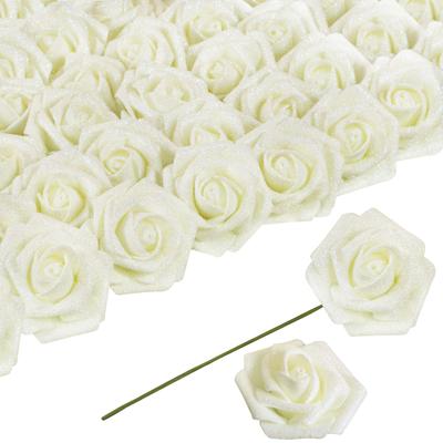 60 rosas artificiales de espuma doradas con purpurina, 5,5 cm, con tallo, para bodas, fiestas y centros de mesa.