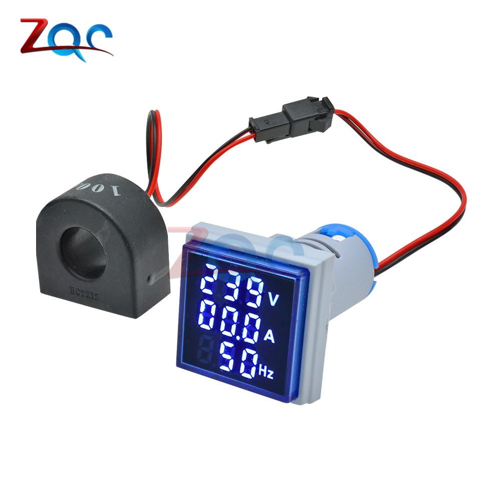 3 In 1 AC 60~500V Digital Voltmeter Ammeter Hz Hertz Frequency Meter Current Voltage Indicator Tester Amp Signal Light LED 22mm