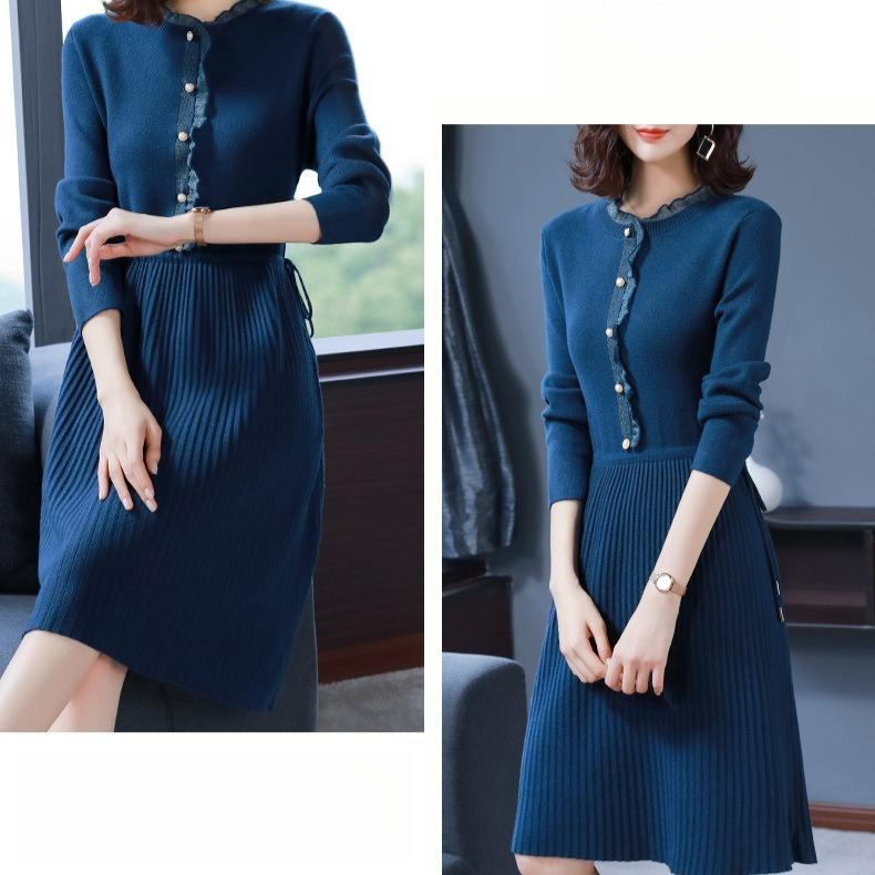 Knitted Dress for Women's Winter Casual Half Turtleneck Sweater Slim Solid Color Mid-length Sweater Dress