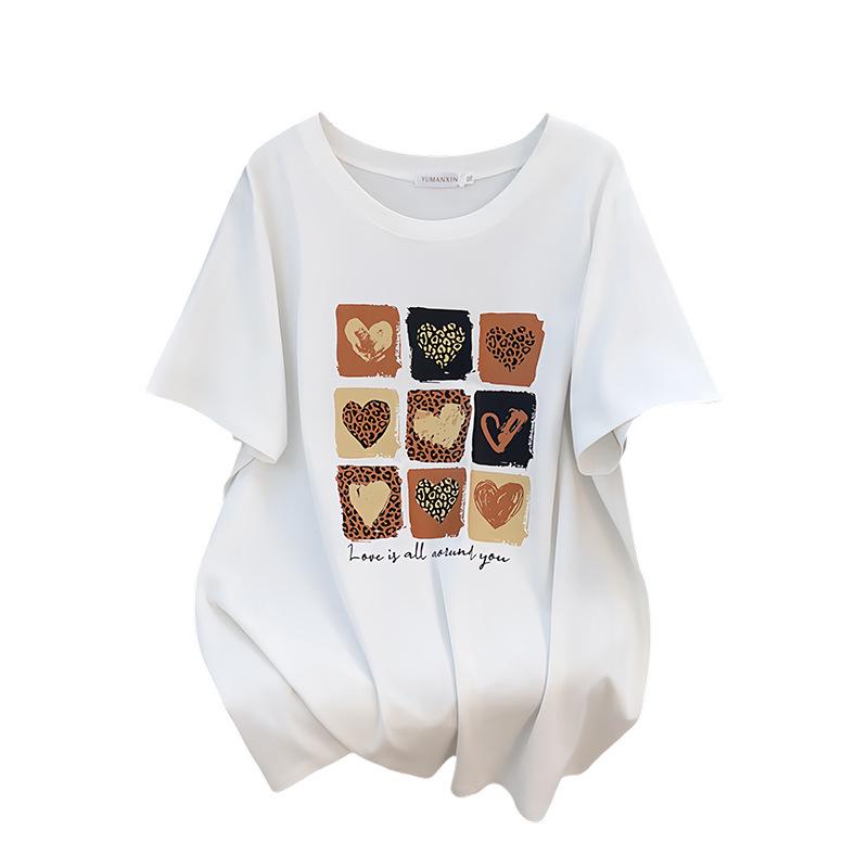 Plus Size Women's Mid-Length Loose Fit Round Neck Short Sleeve T-Shirt (200/300/350 Jin)