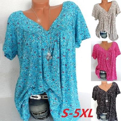 Women Plus Size Short Sleeves V-Neck Print  Blouse Pullover Tops Shirt