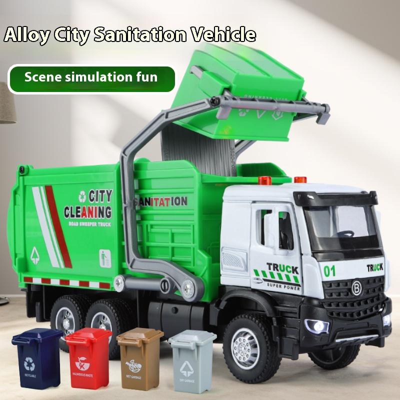 1/35 Urban Sanitation Vehicle Garbage Truck Model Metal Die Casting Engineering Vehicle Simulation Sound and Light Halloween Toy