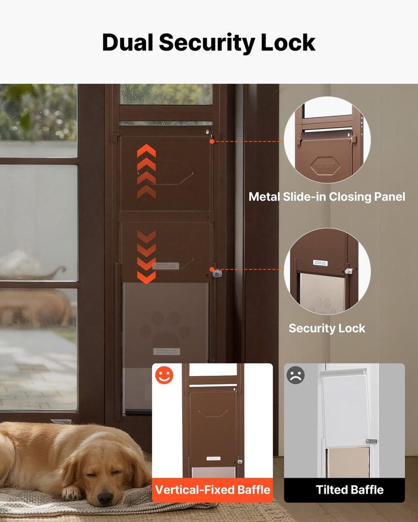Dog Door for Sliding Glass Door, 1927 mm to 2040 mm Adjustable Height, Aluminum Alloy Frame with Rotating Hinges, Lock Design, 260.4 x 412.8 mm Flap,
