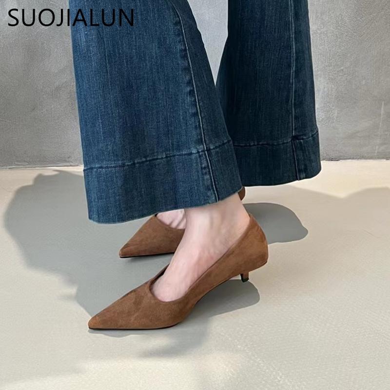 Fashion SUOJIALUN 2024 Autumn Women Pumps Shoes Fashion Pointed Toe Shallow Slip On Ladies Elegant Dress Pumps Thin Low Boat Shoes