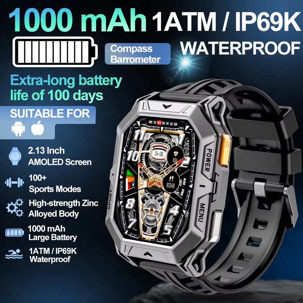 2025 New 1000mAh Battery Outdoor Smart Watch 2.13-Inch HD Screen Heart Rate Blood Pressure Waterproof Compass Sport Mode Smartwatch