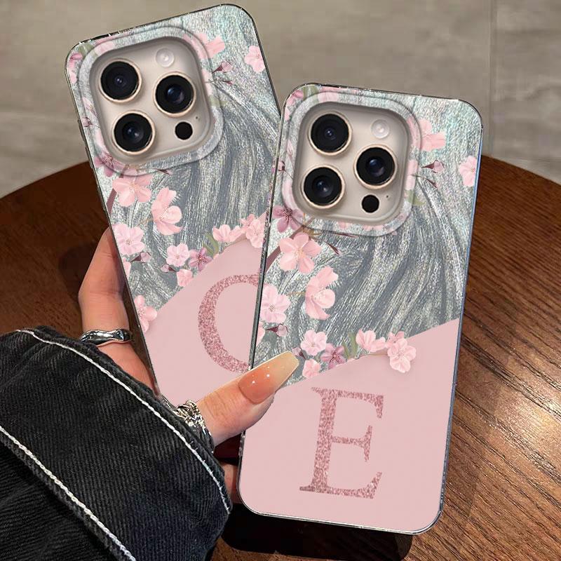 Case For iPhone 16 Pro Max 15 13 14 Plus 5G Phone Cover A-Z Letter Pink Flowers For iPhone 17 Air Shockproof Couple Hard Back
