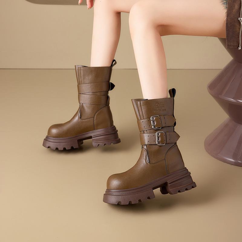 Cowhide platform Martin boots women's autumn new thick heel short boots belt buckle medium tube knight boots