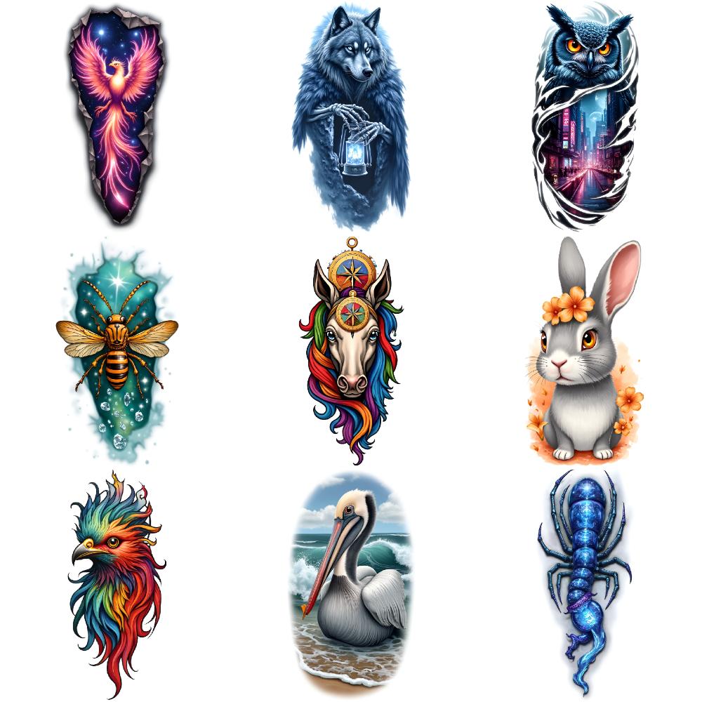 9pcs Temporary Tattoo Black Bird With Clock Realistic Temporary Tattoos Chameleon Golden Beetle With Galaxy Colorful Realism For