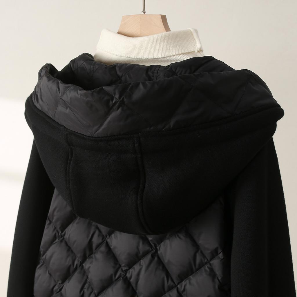 Hooded double zipper down jacket for women in winter 2025, fashionable, loose, versatile, casual, medium to long length with added fleece jacket