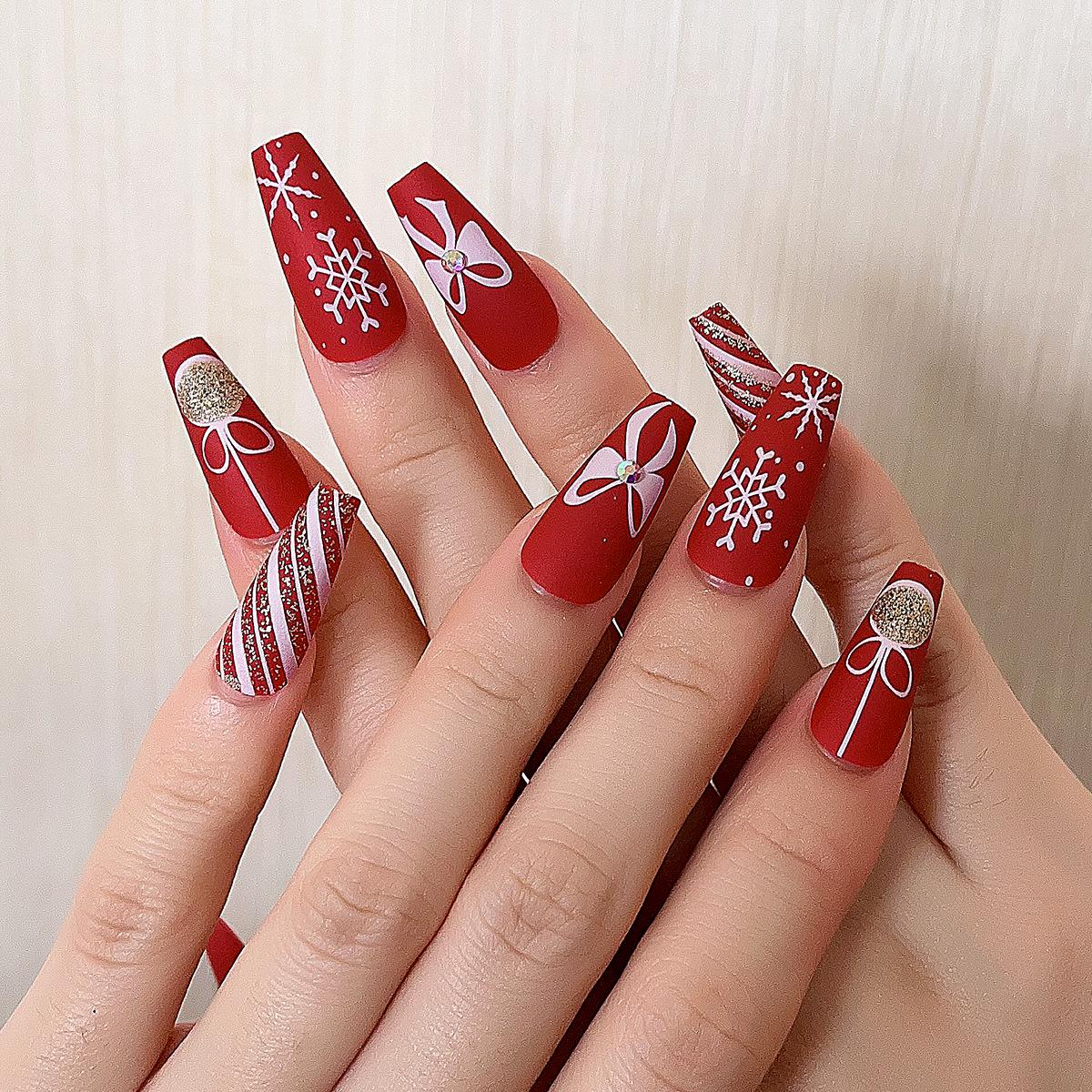

Red Snowflake Rhinestone Ballet Nails - Medium-Long, Matte, Removable with Bow