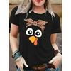 Women's Black Owl Graphic Print T-Shirt - Cute Cartoon Owl with Leopard Bow Design Classic Regular Fit Short Sleeve Round Neck