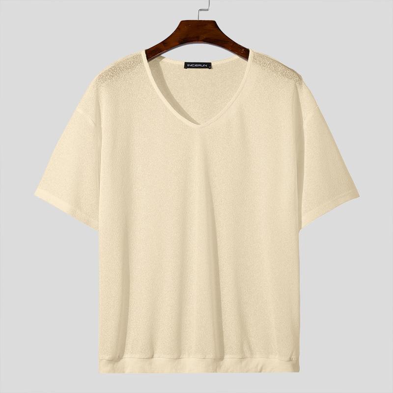 

INCERUN мужские топы с короткими рукавами и V-образным вырезом, сетчатые трикотажные футболки 3XL бежевый