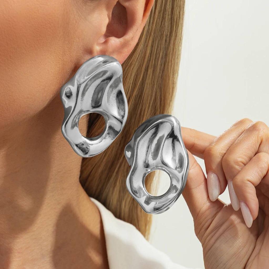IngeSight.Z Exaggerated Irregular Geometric Hollow-out Drop Earrings Women Punk Personality Pleated Metal Earrings Jewelry Gifts