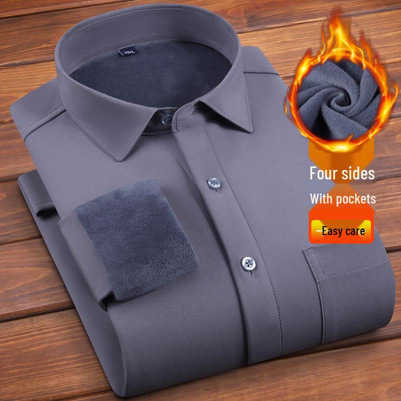Men's Winter Plus Velvet Stretch Business Shirt - Cozy One-Piece, Solid Color, Thickened for Comfort