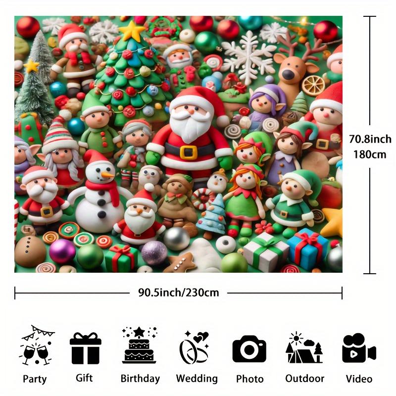A charming Christmas polyester background cloth featuring Santa Claus, snowmen and elves - the perfect party decoration