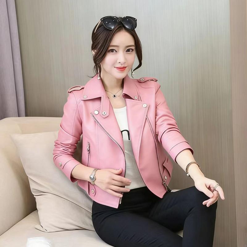 Women Short Faux Leather Moto Jacket Lapel Zipper Slim Biker PU Coat Casual Motorcycle Outerwear