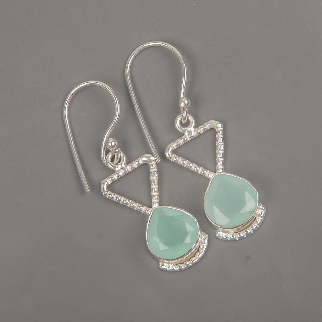 Aqua Chalcedony Handmade Gemstone Jewelry, 925 Solid Sterling Silver Earrings Unique Designer Jewelry, For Women