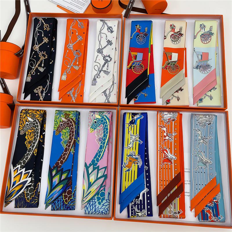 POBING Animals Print 18m/m Twill Silk Scarves Women Luxury Brand Scarf Bag Ribbons Tie Head Scarf Small Long Skinny Scarf 86*5CM