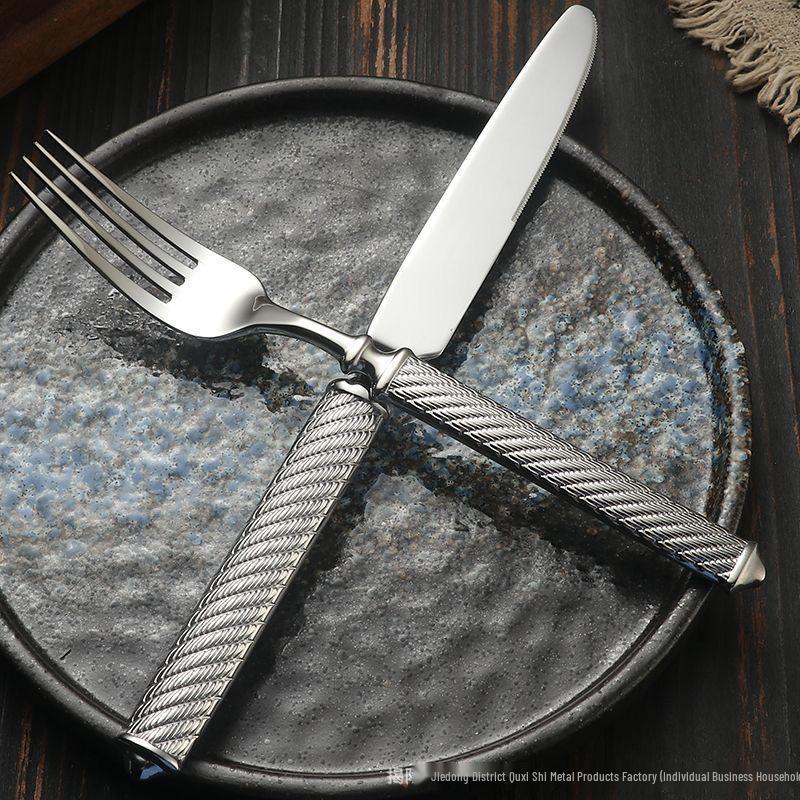 304 Stainless Steel Steak Knife Fork Spoon Set with Thickened Jute Rope for Western Cuisine