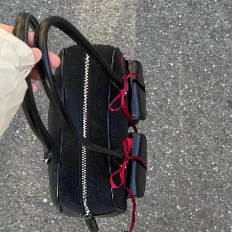 Korean Fashion Womens Shoulder Bag Soft Suede With Pu Leather Bowling Handbag Casual Luxury Vintage 2024 New Boston Tote Bag
