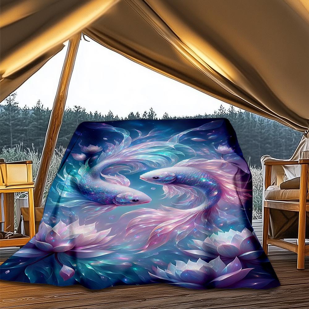 1pc Fantasy Fish Artwork Throw Blanket Polyester Fiber, Lightweight Flannel, Soft & Warm, All Season Use for Outdoor, Camping Digital Print