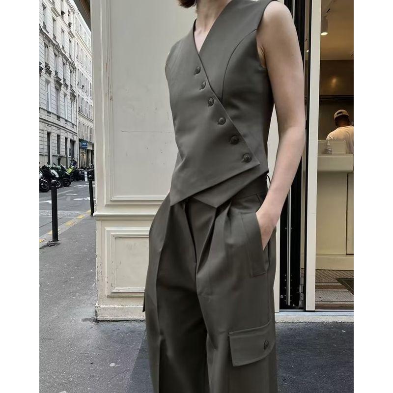 Spring New Arrival Casual Two-Piece Suit Diagonal Cardigan Asymmetric Vest Jacket Tops Pocket Decoration Parka Pants