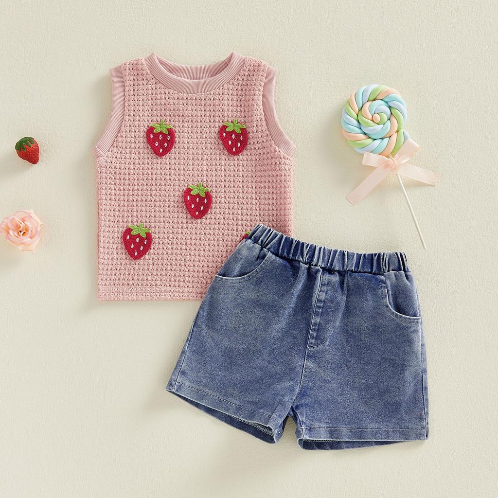 Toddler Baby Girl Summer Outfit 3D Strawberry Tank Tops and Denim Shorts 2 Piece Set