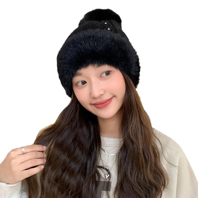 Autumn and winter hat female rabbit fur knitted wool hat winter warm and cold hat solid color versatile ear protection hat