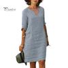 Casual Dress Summer Lady V Neck Three Quarter Sleeves Loose Solid Color Knee Length Simple Style Daily Wear Commute Midi Fit