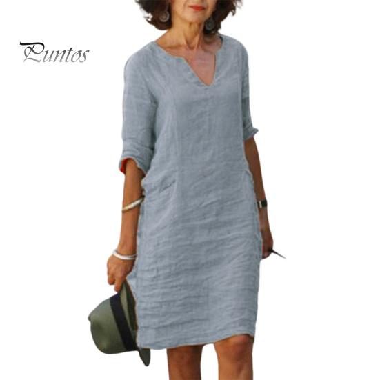 Casual Dress Summer Lady V Neck Three Quarter Sleeves Loose Solid Color Knee Length Simple Style Daily Wear Commute Midi Fit